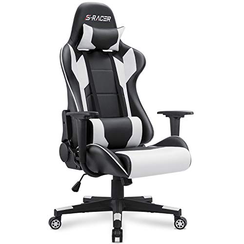 Gaming Chair, Computer Chair Leather Desk Chair Racing Executive Ergonomic Adjustable Swivel Task Chair with Headrest and Lumbar Support (White) - White