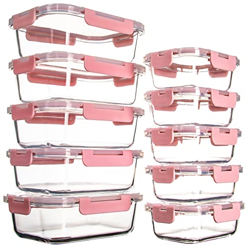 UMEIED 10 Pack Glass Food Storage Containers with Lids Leakproof, Airtight Glass Meal Prep Containers For Lunch, On The Go, Leftover, Dishwasher Safe - Pink