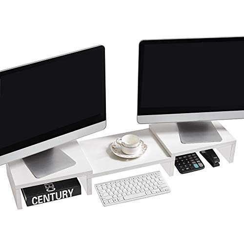 SUPERJARE Dual Monitor Stand Riser, Adjustable Length and Angle Multi Screen Stand, Desktop Stand Storage Organizer for Laptop Computer/TV/PC/Printer- White - White