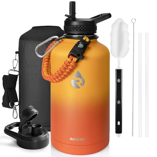 One Gallon Water Bottle Insulated, Triple Walled Vacuum Stainless Steel (Cold for 48 Hrs), Leak Proof & Non-BPA, Large Water Flask Jug with Paracord Handle & Straw Spout Lids - 128 Ounces - Ombre Orange