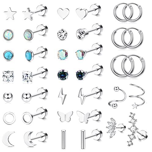 JeweBella 19Pairs Small Earrings Women Set Surgical Steel Cartilage Helix Earrings Hypoallergenic Star Moon Flatback Earrings Zirconia Hoop Earrings Piercing Stud Earrings for Women Men - A:StyleA