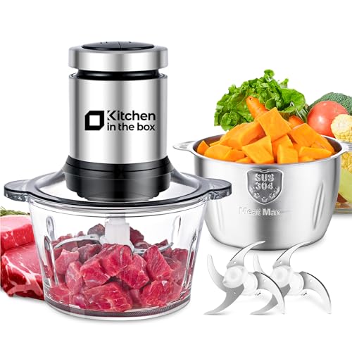 Kitchen in the box Food Processors,Mini Meat Grinder & Food Chopper Electric Vegetable Chopper with 2 Bowls (8 Cup+8 Cup)& 2 Bi-Level Blades for Meat/fish/Vegetable/Baby Food，400 W (Black) - Black