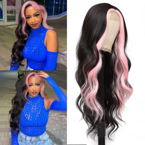 28" Long Wavy Highlight Wigs Pink Skunk Stripe Wig