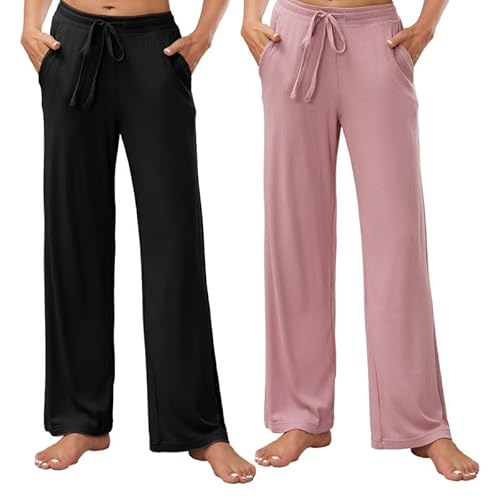 HEARTNICE 2 Pack Women's Pajamas Pants with Pockets Wide Leg Lounge Casual Loose Comfy Stretch Rib Yoga Sweatpants - Black+dark Pink - Large