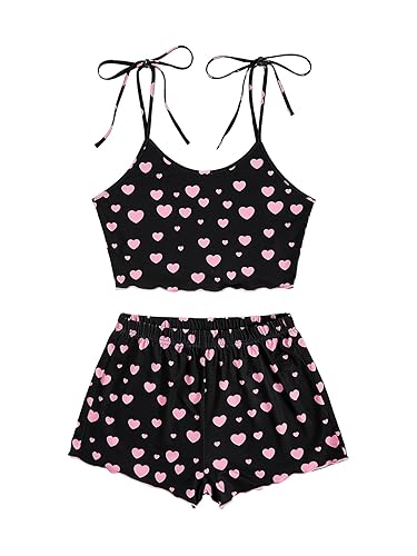 SweatyRocks Women's Summer Strawberry Print Cami Top and Shorts Sleepwear Pajamas Set - Large - Black and Pink