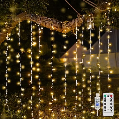 suddus Curtain Lights for Bedroom, 200 Led Hanging String Lights Outdoor, Fairy Curtain Lights Indoor for Christmas, Dorm, Wall, Backdrop, Window, Wedding, Party, Brithday Decor, Warm White - USB-200 LED - Warm White