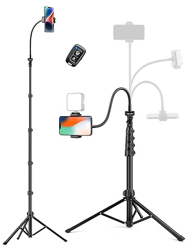 Phone Tripod, 86" Tall Tripod for iPhone with Flexible Gooseneck & Remote, Portable Cellphone Tripod Stand, Aluminum Travel Tripod for Selfies, Video Recording, Compatible with iPhone Android - 86 inch - Black