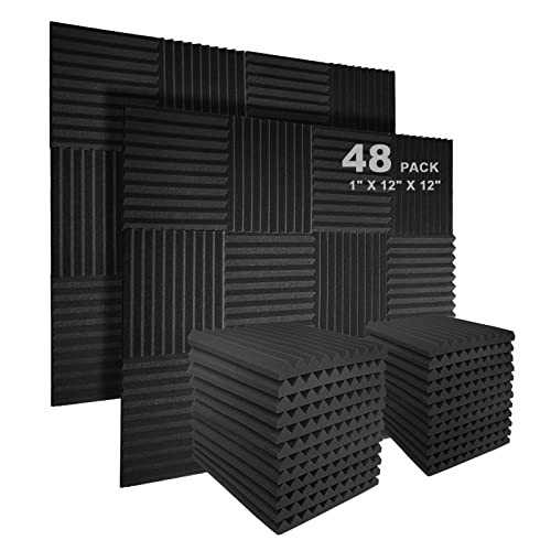 JBER Sound Proof Foam Panels Studio Acoustic Foam Panels,48 Pack 1" X 12" X 12"Soundproofing Wedges Sound Proof Padding Fireproof Acoustic Treatment Foam for Home Office - Charcoal - 48 Pack - Charcoal