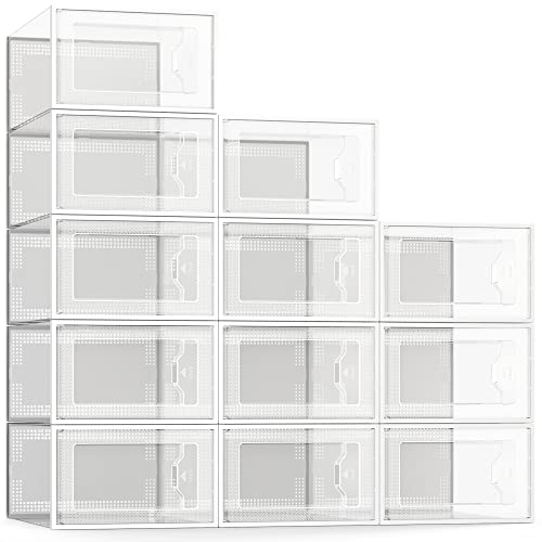 SEE SPRING Large 12 Pack Shoe Storage Box, Clear Plastic Stackable Shoe Organizer for Closet, Space Saving Foldable Shoe Rack Sneaker Container Bin Holder - Large Fit Size 9 - Clear