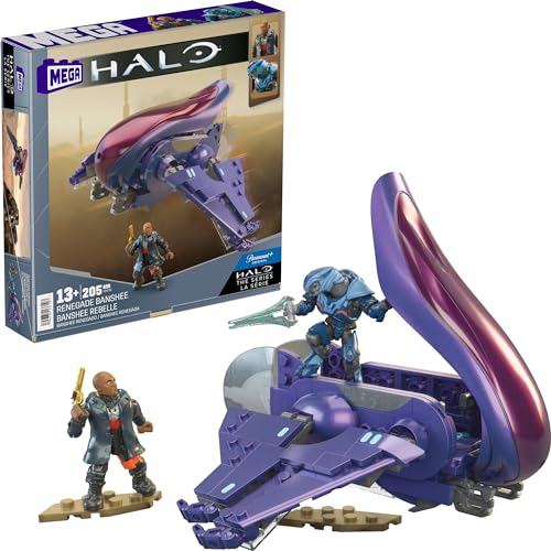 Mega Halo The Series Vehicle Building Toys Set, Renegade Banshee Aircraft with 205 Pieces, 2 Micro Action Figures, Purple, Kids and Fans - Multicolor