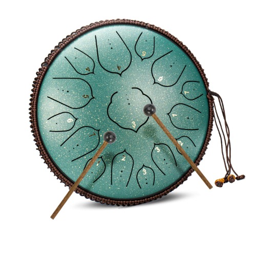 BURNING&LIN Steel Tongue Drum 15 Notes 14 Inches Handpan Drum Percussion for Meditation Yoga Musical Education for Adult& Kids(Lotus Green) - Green