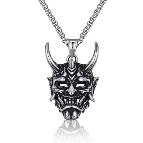 Japanese Ghost Skull Mask Necklace - Silver