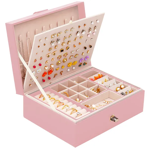 Leather Jewelry Box Earrings Organizer for Girls, QBestry Large Jewelry Case for Women Girls Stud Earrings Holder Organizer Storage Case Earrings Jewelry Box for Girls Necklace-Pink - Pink