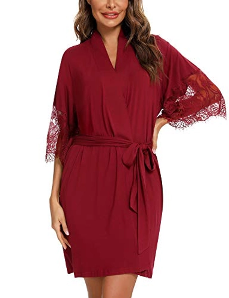 ARANEE Women's Cotton Kimono Robes Comfy Bathrobe Soft Sleepwear Lightweight Short Robe Ladies Loungewear - Small - B-wine Red