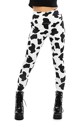 Tipsy Elves High Waisted Animal Print Leggings Fun Prints for Halloween and Beyond - Large - Cow (Black and White)