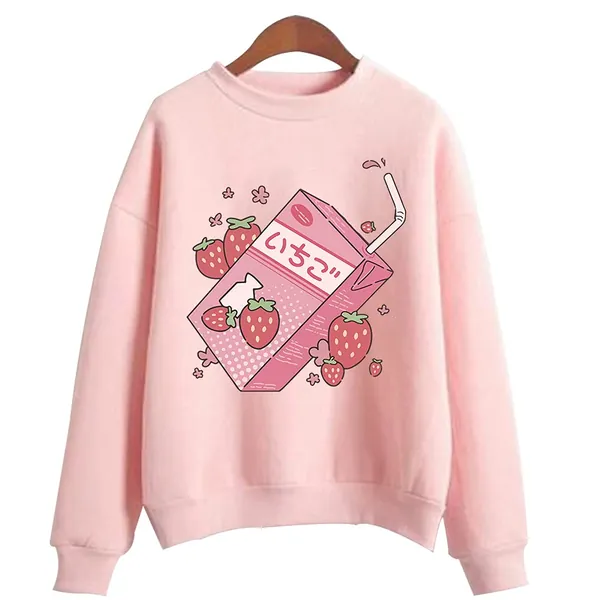 Japanese Aesthetic Hoodies Strawberry Milk Cute Kawaii Sweatshirts Pullovers Tops - Large Pink