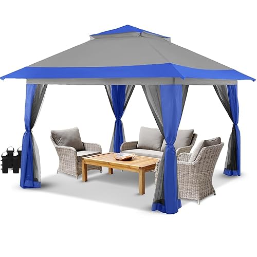 CROWN SHADES 13x13 Pop Up Gazebo, Canopy Tent, Gazebos on Clearance - Outdoor Gazebo for Backyard & Patio Furniture - Carpa Pop Up Tent with Wheeled STO-N-Go Cover Bag (Blue & Grey) - 13x13 - Blue & Grey