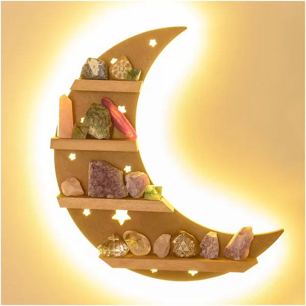Curawood Crescent Moon Shelf for Crystals with LED Light - Showcase Your Crystals and Healing Stones - Crystal Holder, Moon Decor, Crystal Shelf Display - Witchy Decor, Boho Room Decor, Luna Display - 