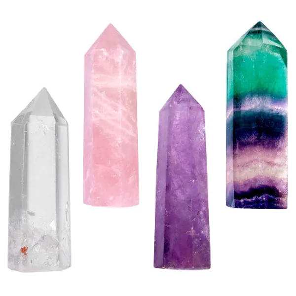 Crystal Wands Amethyst, Rock Quartz, Rose Quartz, Rainbow Fluorite 6 Faceted Reiki Stone