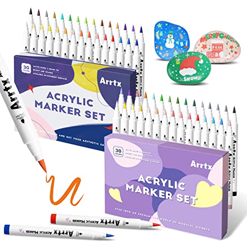 Arrtx Acrylic Paint Pens, 58 Colors for Rock Painting, Extra Brush Tip, Water Based Paint Markers for Stone, Glass, Easter Egg, Wood and Fabric Painting-No Toxic,No Odor-Type 30A+B - 58 Color