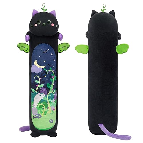 Mewaii Long Cat Plush 5 Sizes, 120% Extra Filling Giant Plushness Kids Body Pillow, Kawaii Cute Black Cat Stuffed Animals Plushies, Big Long Body Pillow Black Cat Plush Gift for Girls 53” - Black Mint Cat - 53.2in/135cm