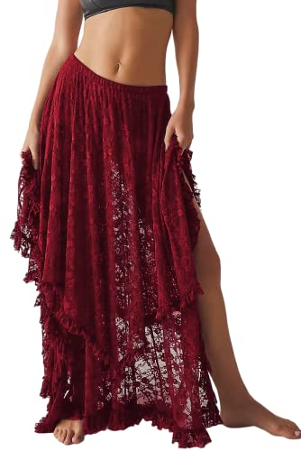 R.Vivimos Women Lace Long Skirts Summer Elastic Asymmetrical Layered Hem Sexy See-Through Beach Floral Maxi Skirts - X-Large - Burgundy