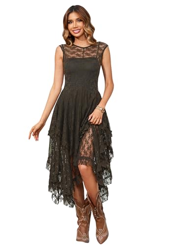 R.Vivimos Womens Sleeveless Backless Asymmetrical Layered Lace Long Dress with Slip Two Pieces - X-Large - Armygreen
