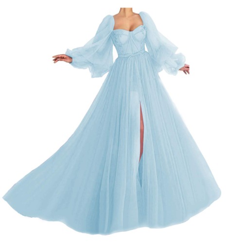 Puffy Sleeve Prom Dress Sweetheart Tulle Ball Gown A Line Princess Wedding Formal Evening Gowns with Split - 2 Light Blue