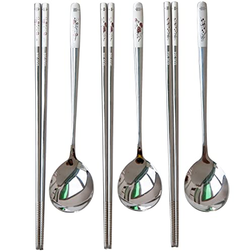 YAPULLYA Reusable Chopstick and Spoon Set, Korean Long Handle Stainless Steel Spoon and Chopsticks Set, Dishwasher Safe Metal Chop sticks, Set of 3. (Multi-patterned) - 3 patterns
