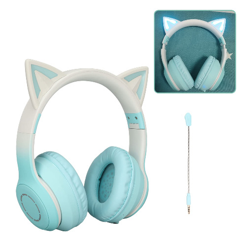 Cat Ear-hörlurar, Trådlösa Spelheadset Via Bluetooth 5,1/3,5 Mm AUX-kabel, Hopfällbara Hörlurar med 7 Färger LED-lampor och 4 LED-lägen för Flickor, Vuxna(Grönsak) - Grönsak