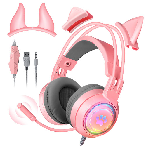 JYPS Sött spelheadset med mikrofon för laptop/PC/PS4/PS5/Xbox/Nintendo Switch, 3,5 mm trådbundet USB-headset med kattöron och RGB-lampor för barnojkar/flickor/vuxna/kvinnor (rosa) - Rosa