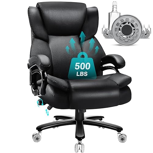 Indulgear 500lbs Big and Tall Office Chair with Dual Rubber Wheel, Heavy Duty Office Chair for Low Back Pain Relief, Large Executive Office Chair with Adjustable Lumbar Support - Dual Wheels Black
