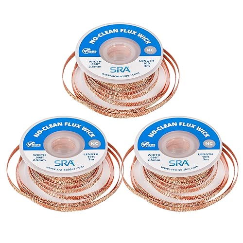 SRA Soldering Wick with Flat Woven Copper Desoldering Braid Strip and No Clean Flux for Easy Damage-Free Solder Removal - 3 Pack 10 Foot Solder Wick Spool - 3 Pack