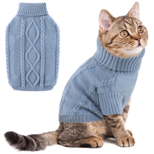 Winter Cat Sweater Fleece Dog Clothes, Turtleneck Puppy Clothes for Small Dogs Girl Boy, Pullover Knit Christmas Holiday Pet Outfits, Haze Blue XS