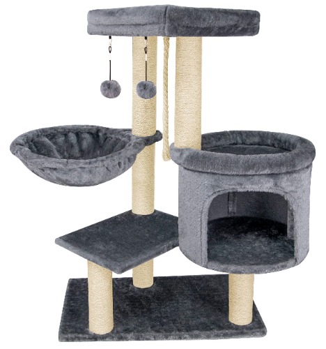 Youpet Fashion Design Cat Tree with Cat Condo Hammock and Two Replacement Hanging Balls,Grey - 