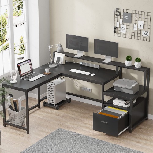SEDETA L Shape Desk with File Drawer, 66'' Computer Corner Desk with Hutch, Storage Shelves, Printer Cabinet and Monitor Shelf, Computer Table Writing Desk Workstation for Home Office, Black