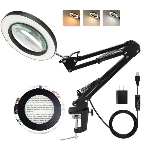 LANCOSC Magnifying Glass with Light and Stand, 3 Color Modes Stepless Dimmable, 5-Diopter Glass Lens, Adjustable Swivel Arm, LED Magnifier Desk Lamp for Close Work, Repair, Crafts, Reading - Black - Black 5 Diopter (2.25x)