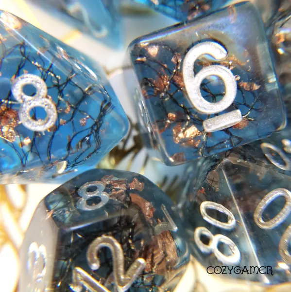 Haunted Forest DnD Dice Set, Polyhedral dice, D&D dice, Dungeons and Dragons, Table Top Role Playing. Blue resin with thread and copper foil