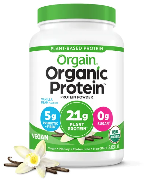 Orgain Organic Vegan Protein Powder, Vanilla Bean - 21g of Plant Based Protein, Low Net Carbs, Gluten Free, Lactose Free, No Sugar Added, Soy Free, Kosher, Non-GMO, 2.03 Lb - Vanilla, 2 lb