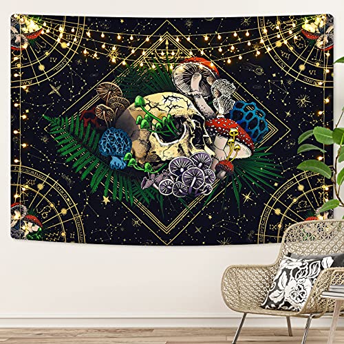 Yrendenge Mystery Tapestry Skull Mushroom Tapestries Black Astrology Wall Hanging for Bedroom Livingroom 83*59 inches（210*150cm） - Black - 210*150cm