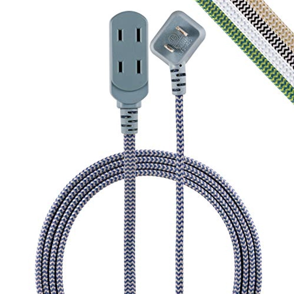 Cordinate Designer 3-Outlet Extension Cord, 2 Prong Power Strip, Extra Long 15 Ft Cable with Flat Plug, Braided Chevron Fabric Cord, Slide-to-Close Safety Outlets, Navy/Gray, 43434