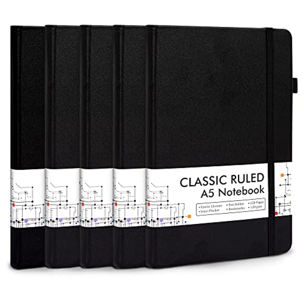 feela 5 Pack Journal Notebook Bulk for School, Hardcover Business Notebooks Classic Ruled Lined Journals with Pen Holder for Work Note Taking, with 5 Black Pens, 120 GSM, 5.1”x8.3”, A5, Black