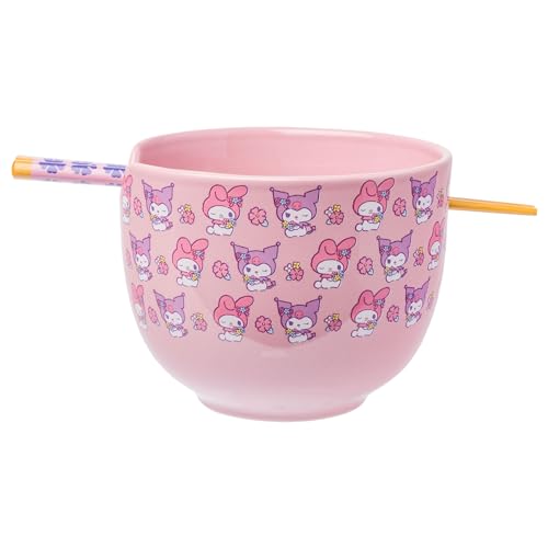 WIAONE Silver Buffalo Sanrio My Melody and Kuromi Pastel Floral Pattern Ceramic Ramen Bowl with Chopsticks, 20 Ounces, Purple/Multi - Melody and Kuromi Pastel