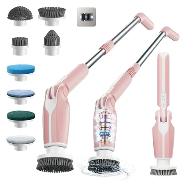 Leebein Electric Spin Scrubber, 2024 Upgraded Electric Scrubber for Cleaning, Spin Scrubber with Long Handle & 8 Replaceable Brush Heads, Remote Control Shower Cleaner Brush for Bathroom, Floor