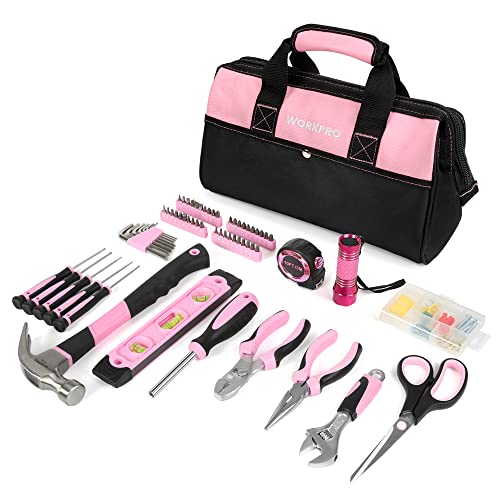 WORKPRO 106-Piece Home Tool Kit, Pink Tool Kit with Tool Storage Bag - Durable, Long Lasting Chrome Finish Tools - Perfect for DIY, Home Repair