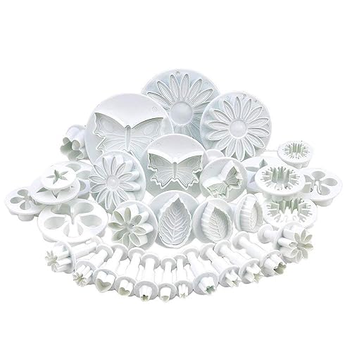 RoyalStyle 33 Piece Fondant Cake Cookie Plunger Cutter Sugarcraft Flower Leaf Butterfly Heart Shape Decorating Mold DIY Tools - White