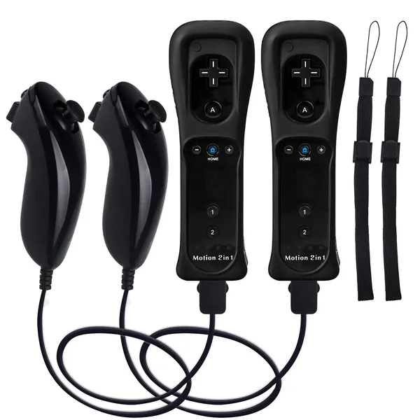 TechKen 2 Pack Remote Controller with Build in Motion Plus and 2 Nunchucks - 2blacks