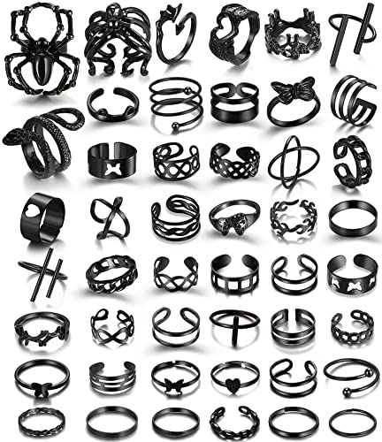 Black Rings for Men Women Girls, Goth Punk Rings Set, Cool Gothic Adjustable Ring Pack, Vintage Stackable Animal Rings Bulk, Vintage Chunky Knuckle Emo Rings, Boho Snake Spider Eboy Open Rings Y2K Accessories - Spider heart