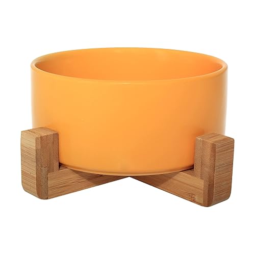 Ceramic Bowl with Bamboo Stand for Dogs & Cats, Raised Bowl for a Comfortable Position Whilst Eating & Drinking, Options, 850ml Capacity (Yellow) - Yellow