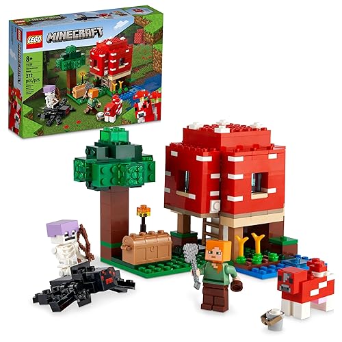 LEGO Minecraft The Mushroom House Set, 21179 Building Toy for Kids Age 8 Plus, Gift Idea with Alex, Mooshroom & Spider Jockey Figures - Multicolor